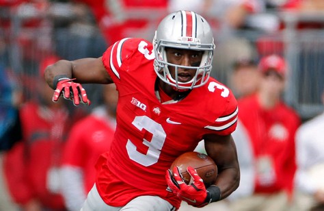 Ohio State Buckeyes wide receiver Michael Thomas (3) breaks away from Kent State Golden Flashes linebacker Marques Moore (45) and scores a touchdown on a catch in the 2nd quarter of their game in Ohio Stadium on September 13, 2014.  (Dispatch photo by Kyle Robertson)